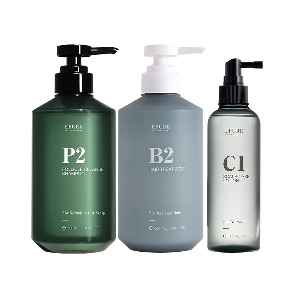 【EPURE】毛囊清潔調理組3入 (P2洗髮露500ml+B2護髮素500ml+C1精萃180ml)(油性肌/深層清潔/收斂毛孔)