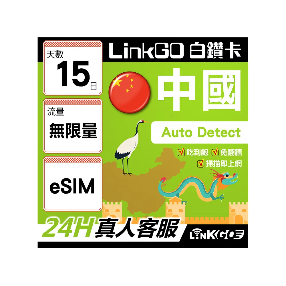 【LINKGO】白鑽卡 中國大陸 eSIM卡 15天吃到飽不降速 免翻牆支援LINE FaceBook(中國網卡 大陸 西藏 新疆)