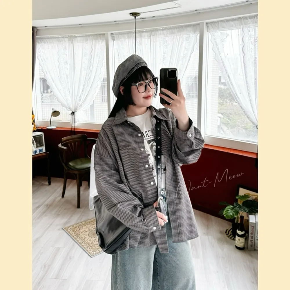 【Want-Meow】100公斤可穿/寬鬆百搭格紋長版襯衫上衣(大碼上衣/大碼/大尺碼/襯衫)