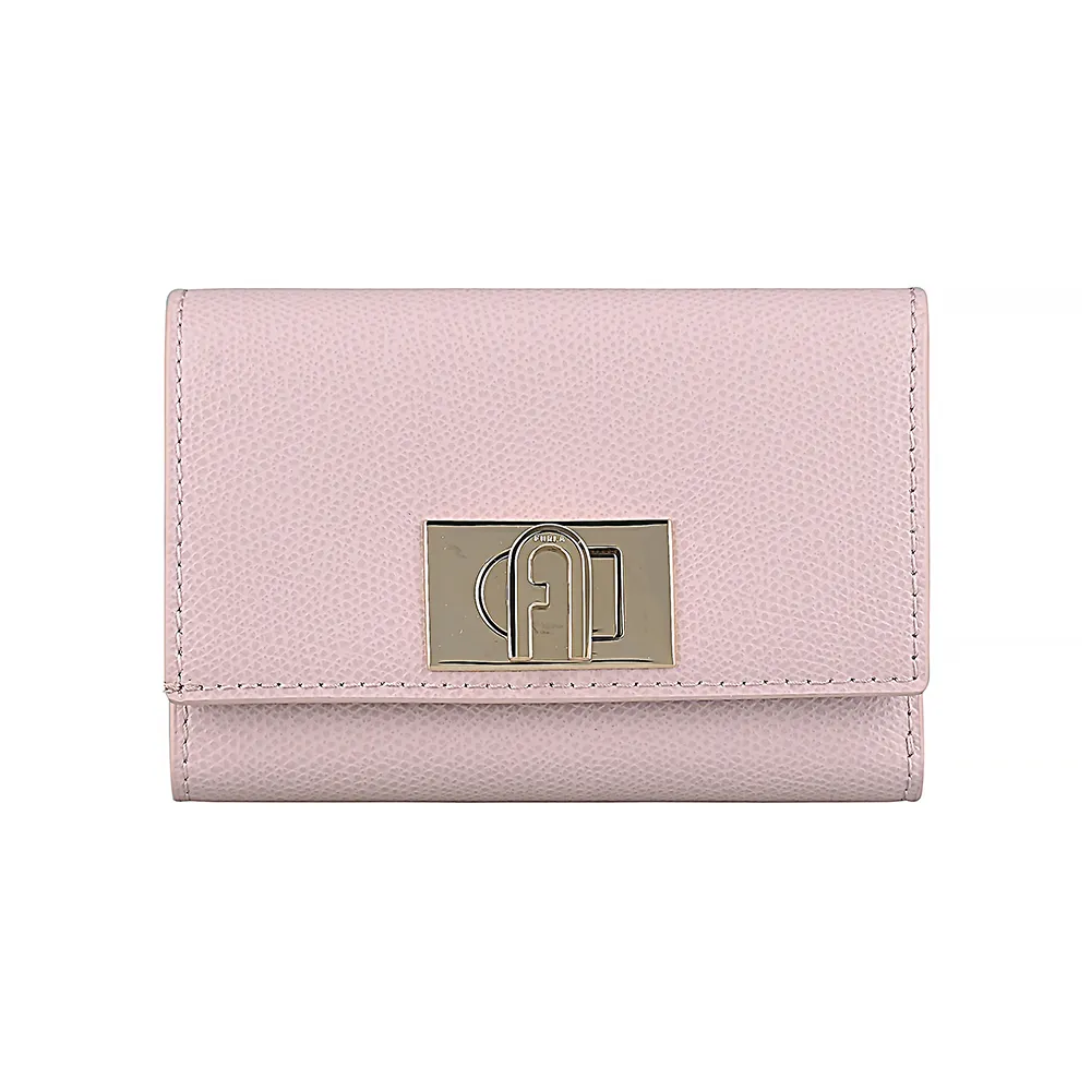 【FURLA 芙拉】FURLA 金字LOGO 1927 M系列牛皮8卡拱門旋扣三折短夾(芭蕾粉)