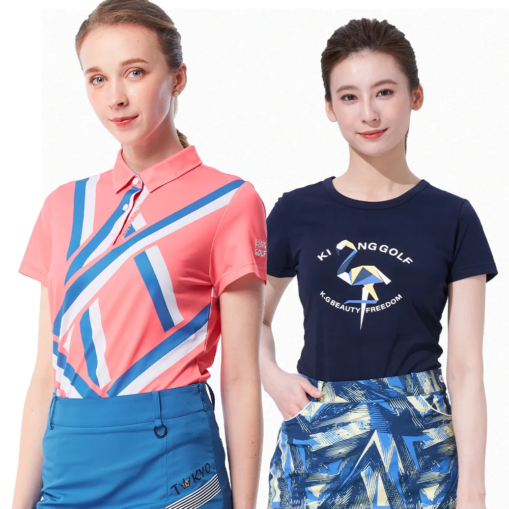【KING GOLF】獨家特談！女款條紋線條印花透氣機能吸濕排汗開襟POLO衫/造型上衣/高爾夫球衫-多款任選