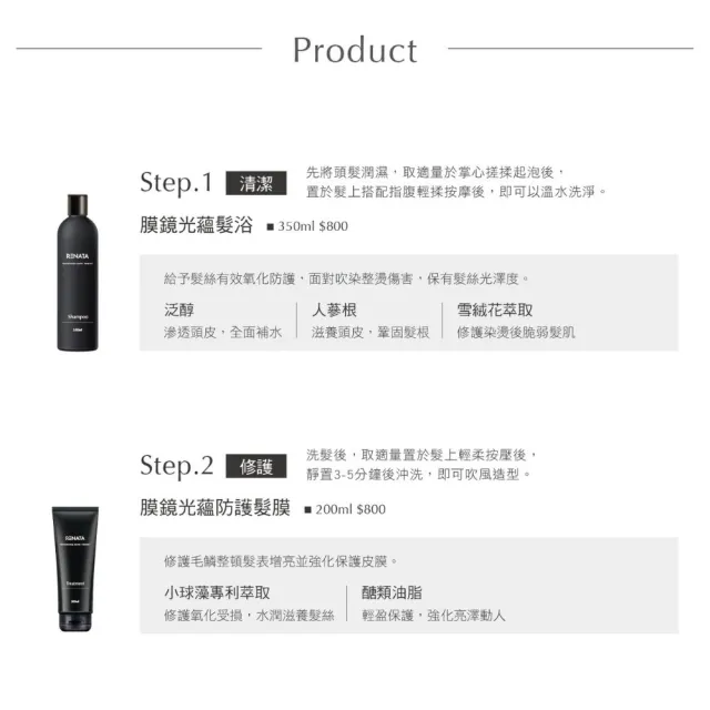 【RENATA 蕾娜塔】膜鏡光蘊 髮浴350ml+髮膜200ml(官方直營 2入組 染燙 自然捲 受損髮 保濕 修護)