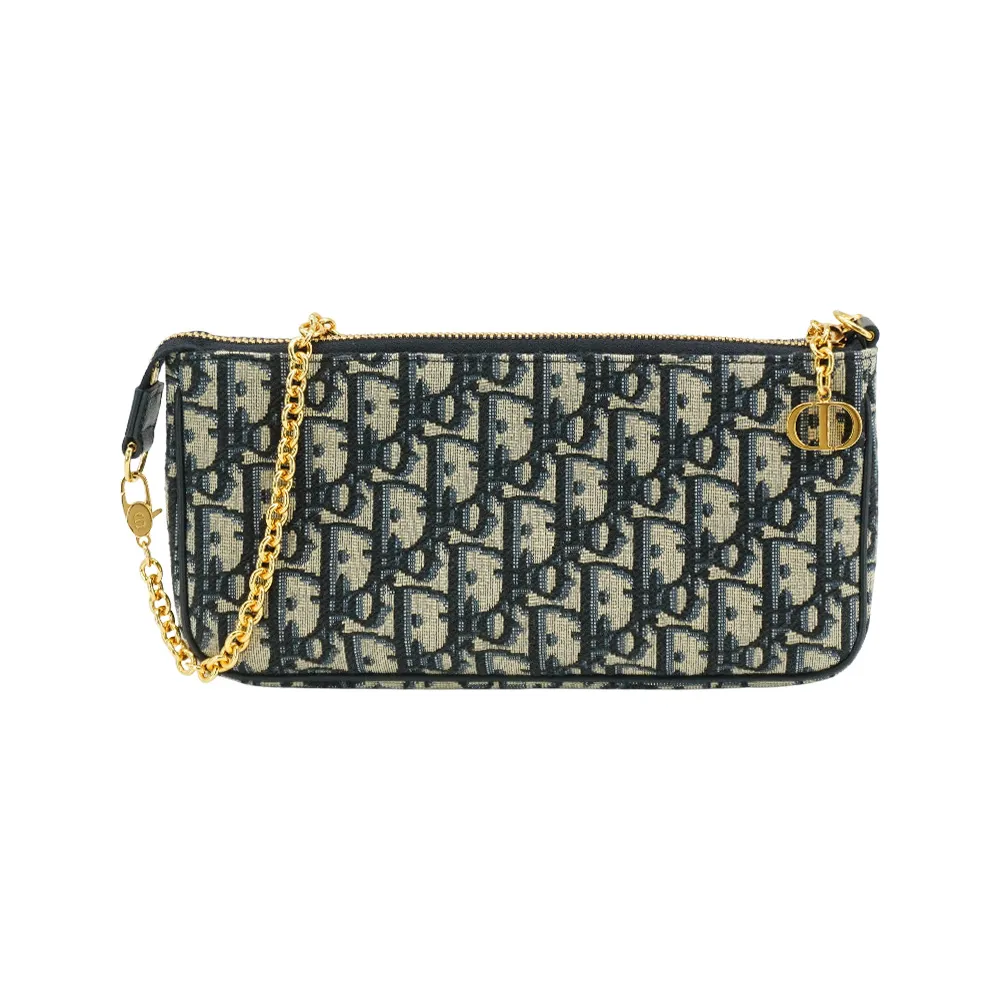 【Dior 迪奧】展示品 30 Montaigne 緹花布鏈帶肩背包(藍)