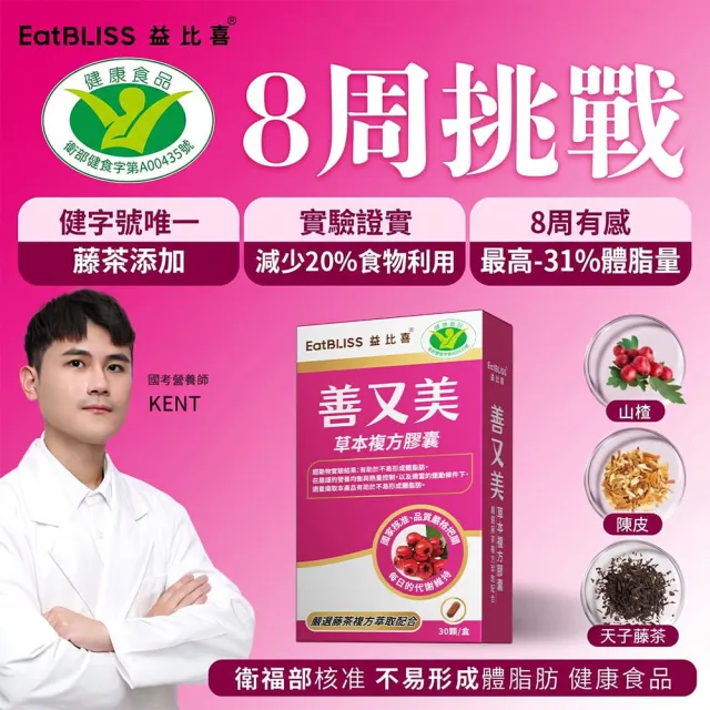 【EatBLISS 益比喜】健字號善又美草本複方膠囊5入組(30粒/盒 國家核准不易形成體脂肪)1111