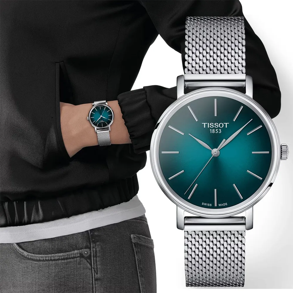 【TISSOT 天梭】Everytime 經典雋永米蘭手錶-銀x藍綠/34mm 錶 生日禮 送禮(T1432101109100)