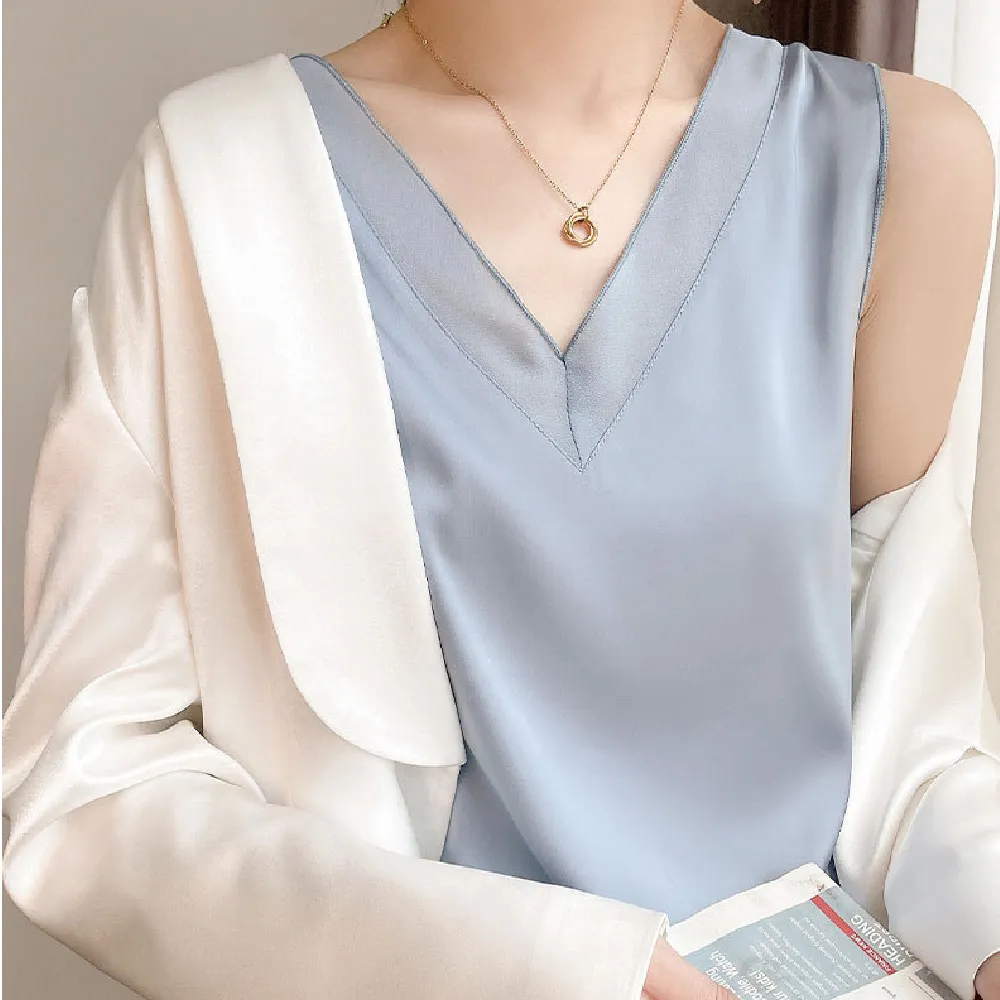 【NVDO 買一送一】緞面冰絲涼感網紗V領背心-多色可選(M-2XL/冰絲背心/F140)