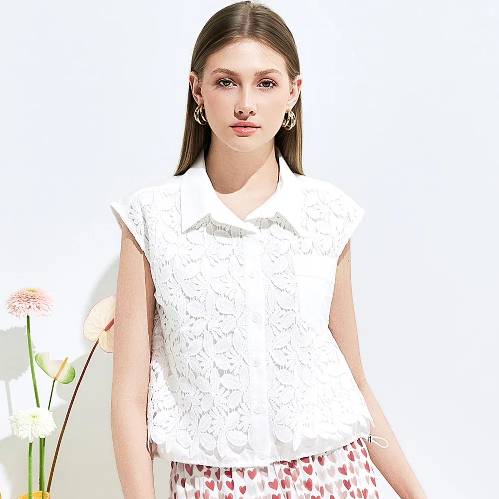 【TOWN’WEAR 棠葳】高雅蕾絲拼接抽繩襯衫(女上衣/女上著/純棉/五分袖/翻領/抽繩/開襟)