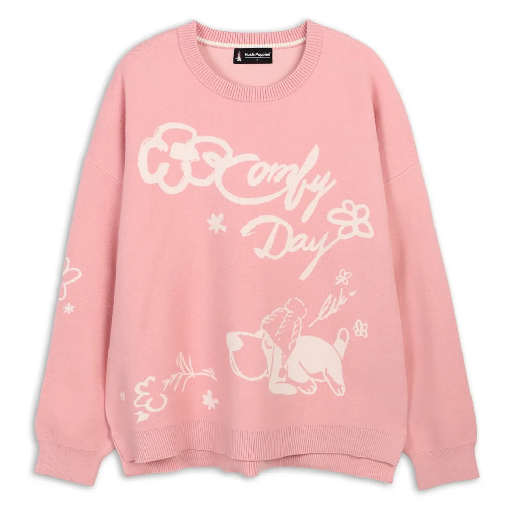 【Hush Puppies】女裝 線衫 撞色緹花趴趴狗寬鬆線衫 (淺粉 / 64213104)