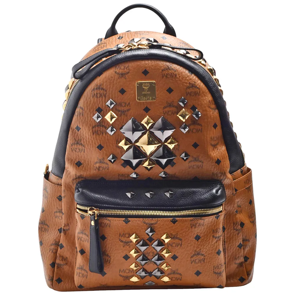 【MCM】經典Stark Brock系列Visetos皮革品牌LOGO印花卯釘拉鍊後背包(大-棕色)