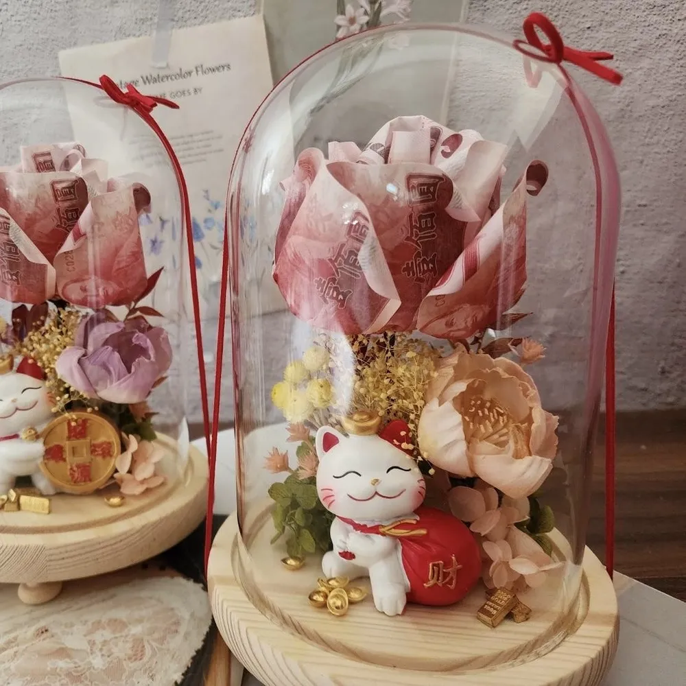 【OSTARA FLORIST 奧斯塔拉花藝】笑眼瞇瞇招財有錢花玻璃罩(招財貓、有錢花、開業、榮升、玻璃罩)