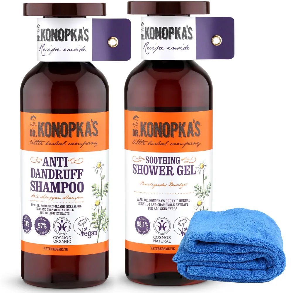 【Dr.Konopka’s】珂諾譜〔清爽抗屑〕洗髮精+〔舒緩保濕〕沐浴精(贈長毛巾超細纖維/歐洲天然有機品牌)