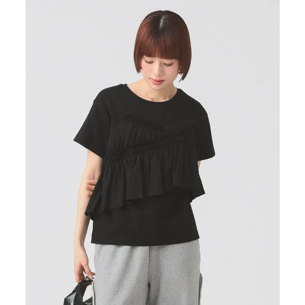 【BEAMS】官方旗艦館 Ray BEAMS / 女裝 不對稱 抓皺 荷葉邊 T恤