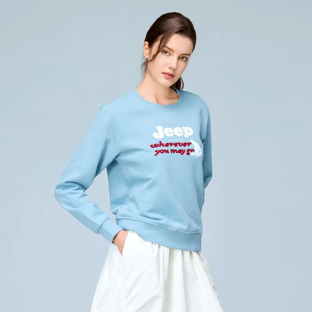 【JEEP】JEEP 女裝 北極熊毛巾繡長袖刷毛大學T(藍色)