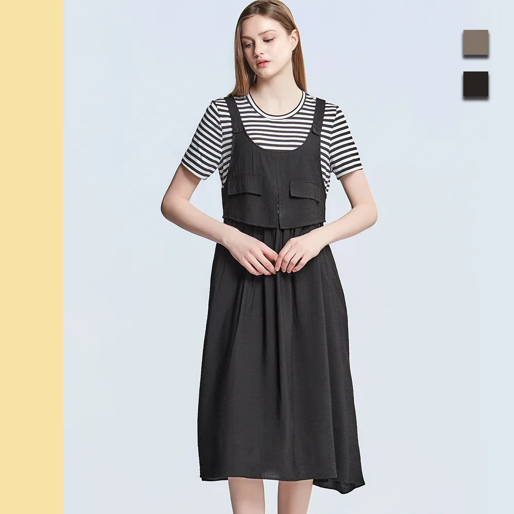 【Just Wear 佳葳】工裝風假兩件吊帶洋裝 2色(洋裝/短袖/拼接/涼感/中長裙/短袖)