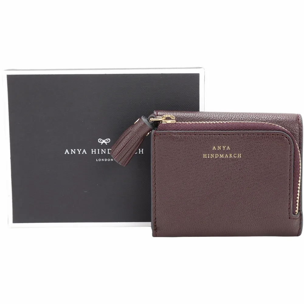 【ANYA HINDMARCH】Peeping Eyes 大眼睛內裡 山羊皮三折迷你短夾(酒紅色 英國設計精品)