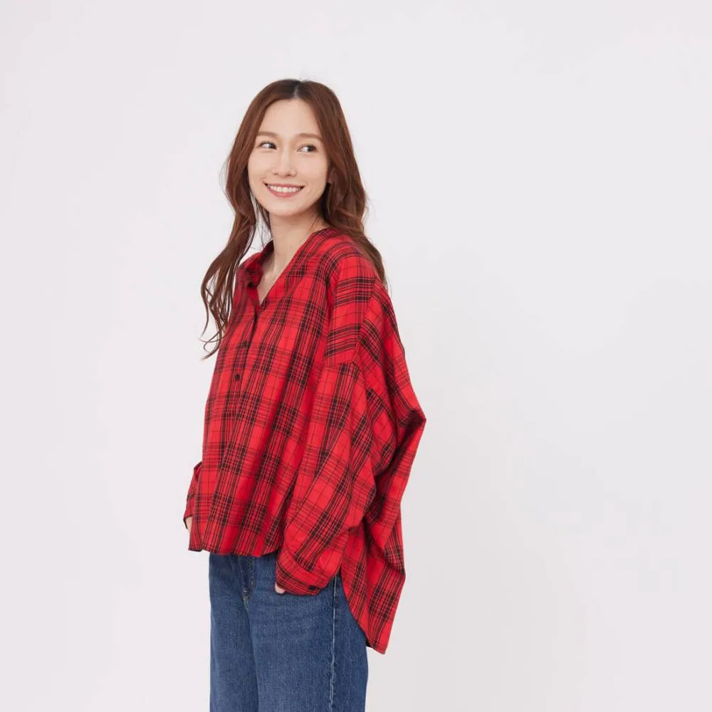 【so that’s me 好我】Tracy半開襟寬版八分袖襯衫(紅格紋)