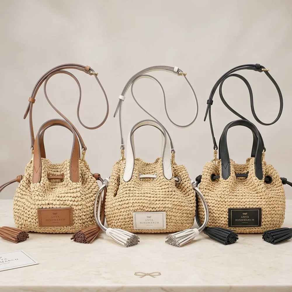 【ANYA HINDMARCH】小款 流蘇抽繩山羊皮拼手提 斜背草編包 (多色可選)