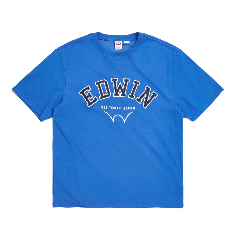 【EDWIN】男裝 COOL FLEX 大字貼布繡寬版短袖T恤(寶石藍)