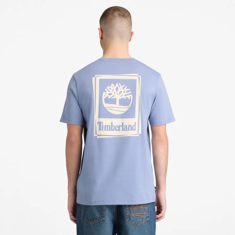 【Timberland】男款灰藍色方形LOGO圖案短袖T恤(A5S6PB88)