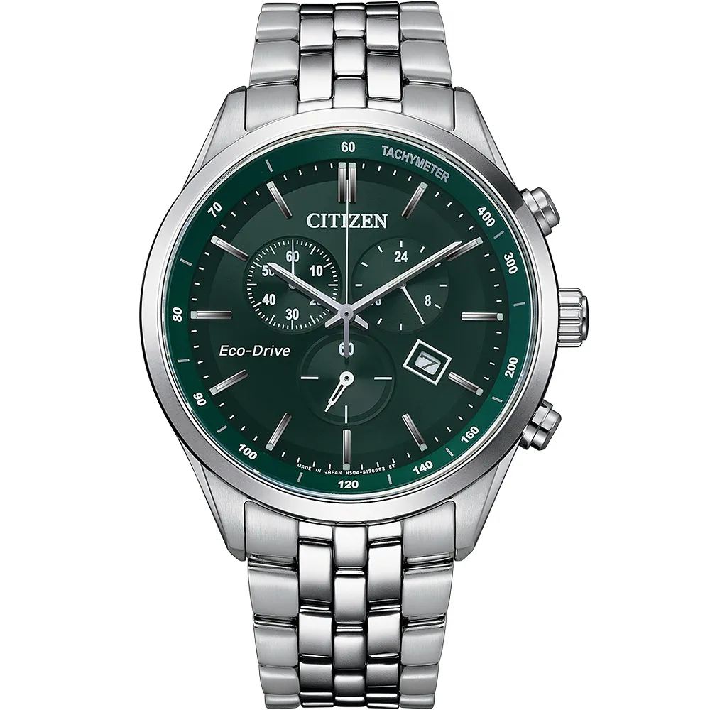 【CITIZEN 星辰】光動能復古風三眼計時手錶-銀x紳士綠 錶 生日禮 送禮(AT2149-85X)