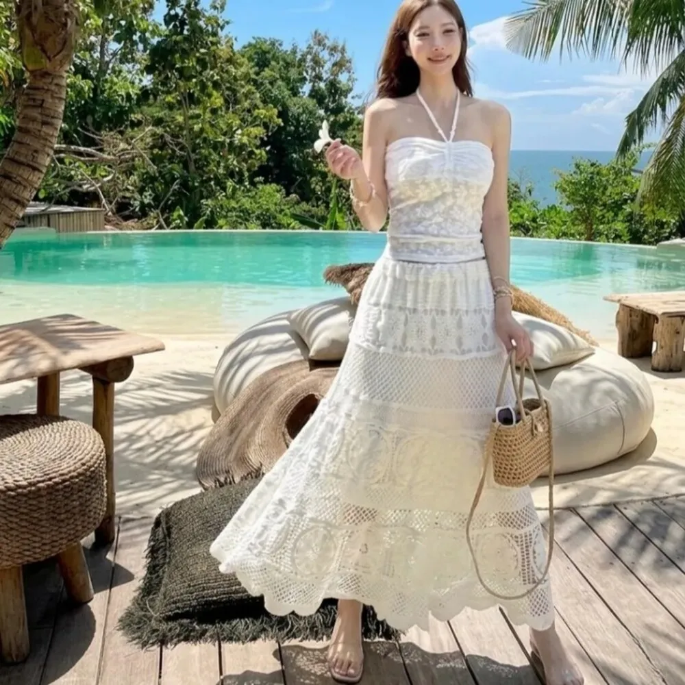 【SeasonsBikini 】蕾絲雕花綁帶背心+蕾絲雕花顯瘦長裙-211-上衣