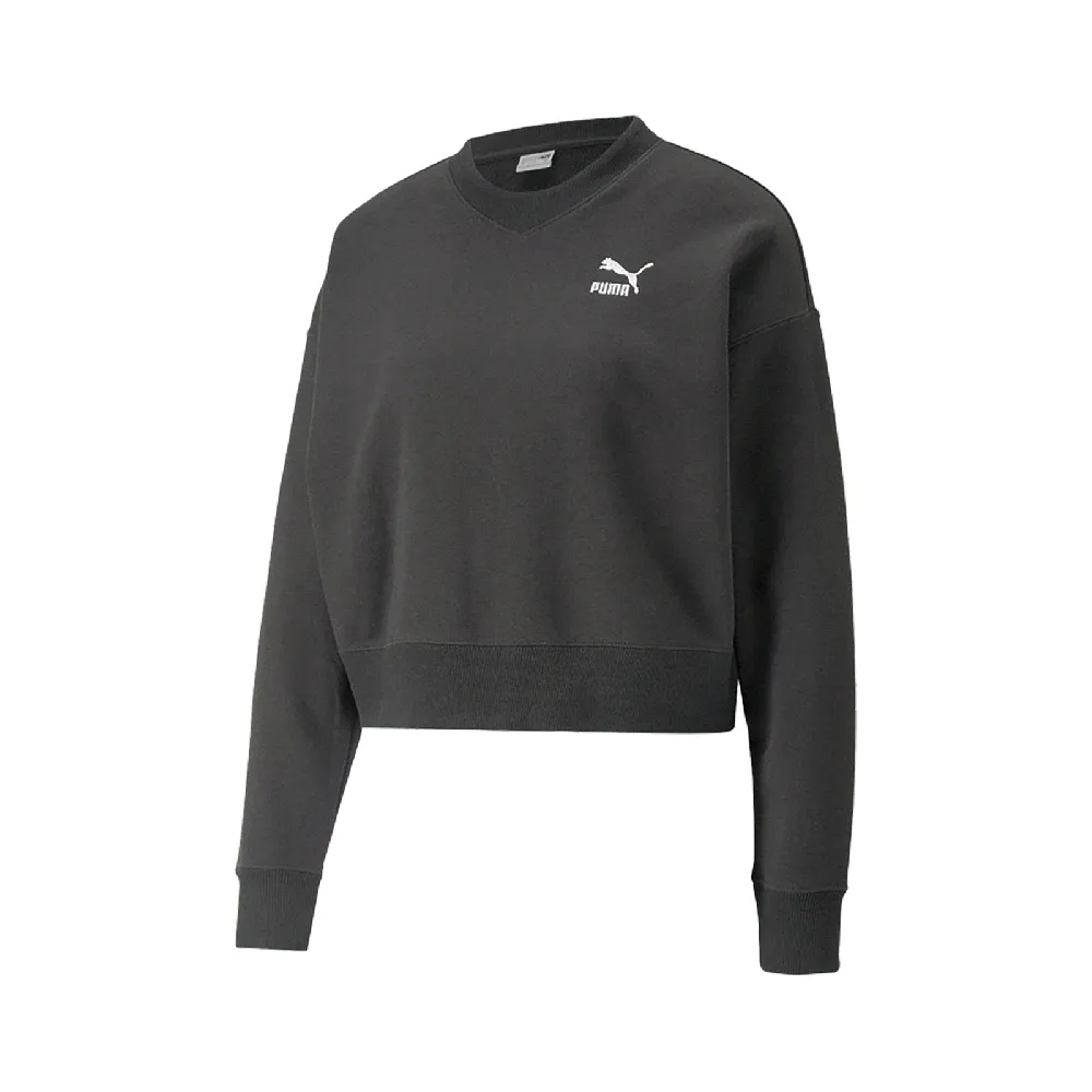【PUMA】短版上衣 Classics Crew Neck 黑 歐規 V領 長袖 女款(53806001)