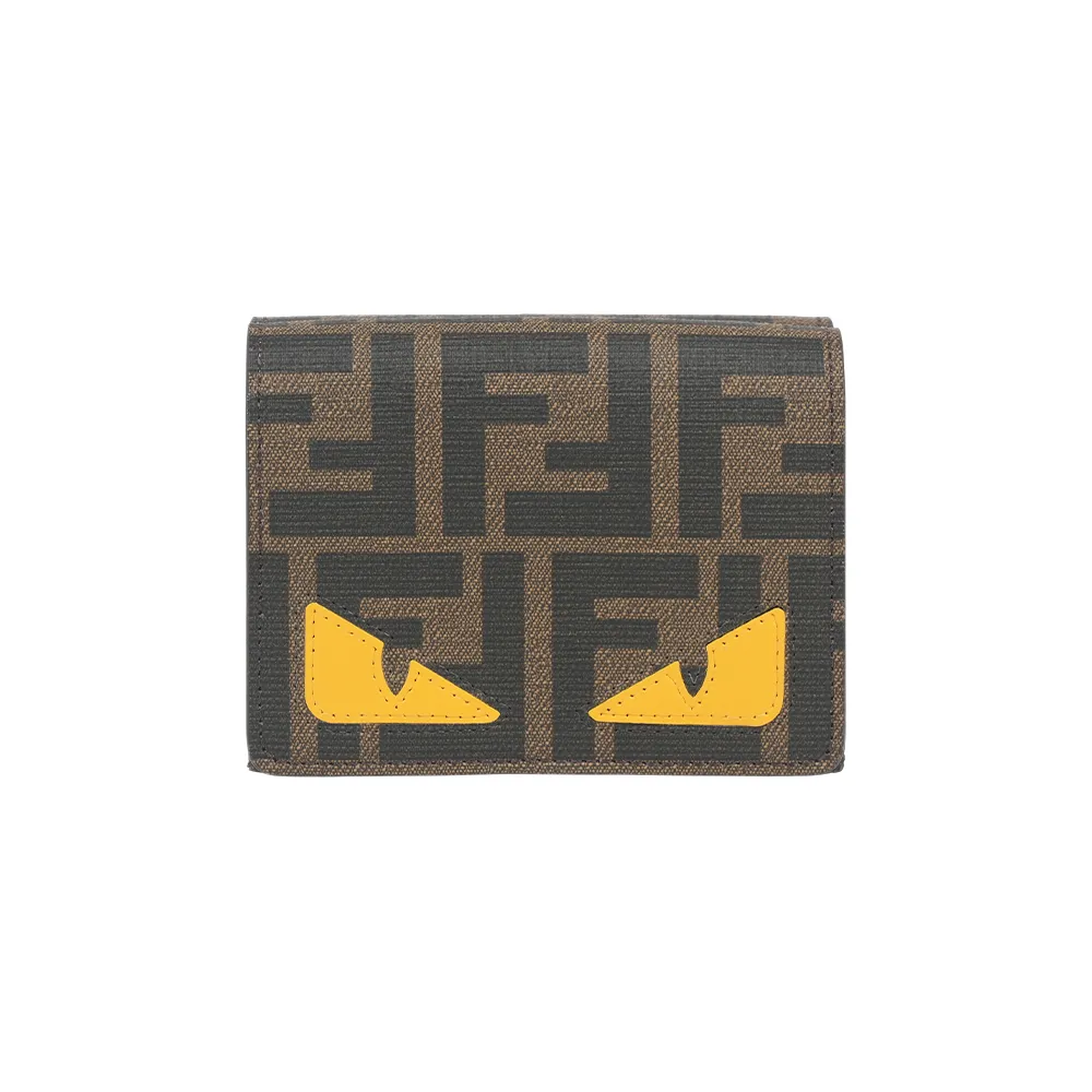 【FENDI 芬迪】FF Logo Monster 怪獸眼睛釦式三折短夾(棕色/粉色)