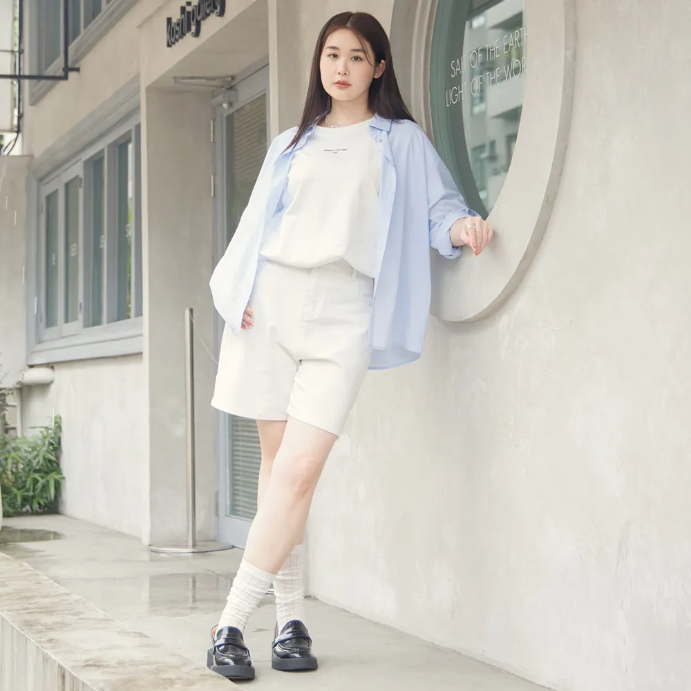 【M：MINb】寬鬆挺版牛仔五分褲(白色/中大尺碼女裝/下著/丹寧/牛仔短褲/大尺碼女裝)