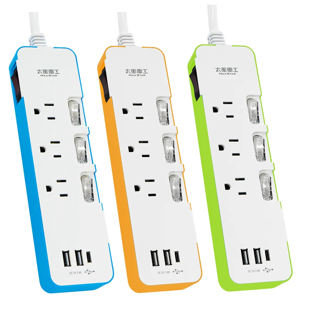 【太星電工】速充寶彩色3.4A 3USB 四開三插電腦線3P/4尺(OCV43304)