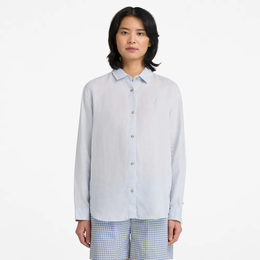 【Timberland】女款灰色寬版亞麻長袖襯衫(A67N7A7E)