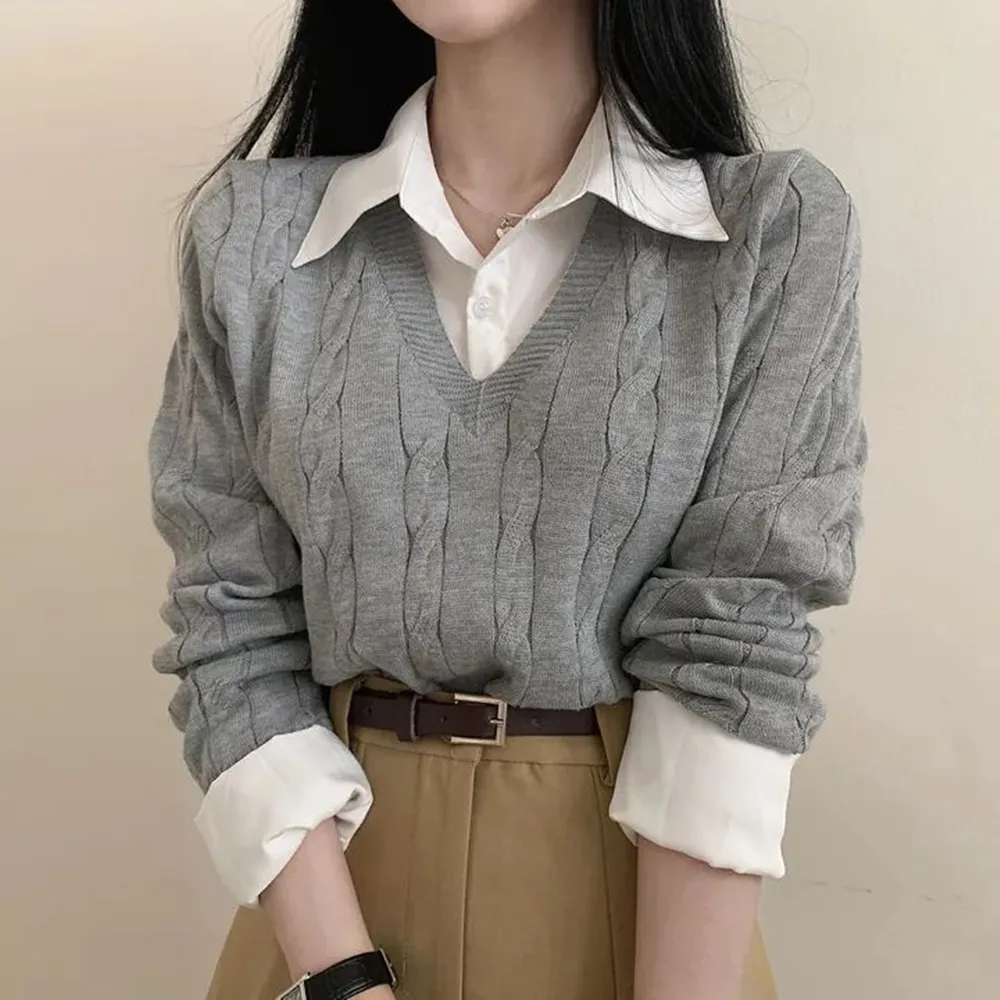 【D.studio】韓版學院風假兩件針織上衣(毛衣長袖上衣女裝衣服長袖t恤保暖上衣冬裝發熱衣襯衫  W467)