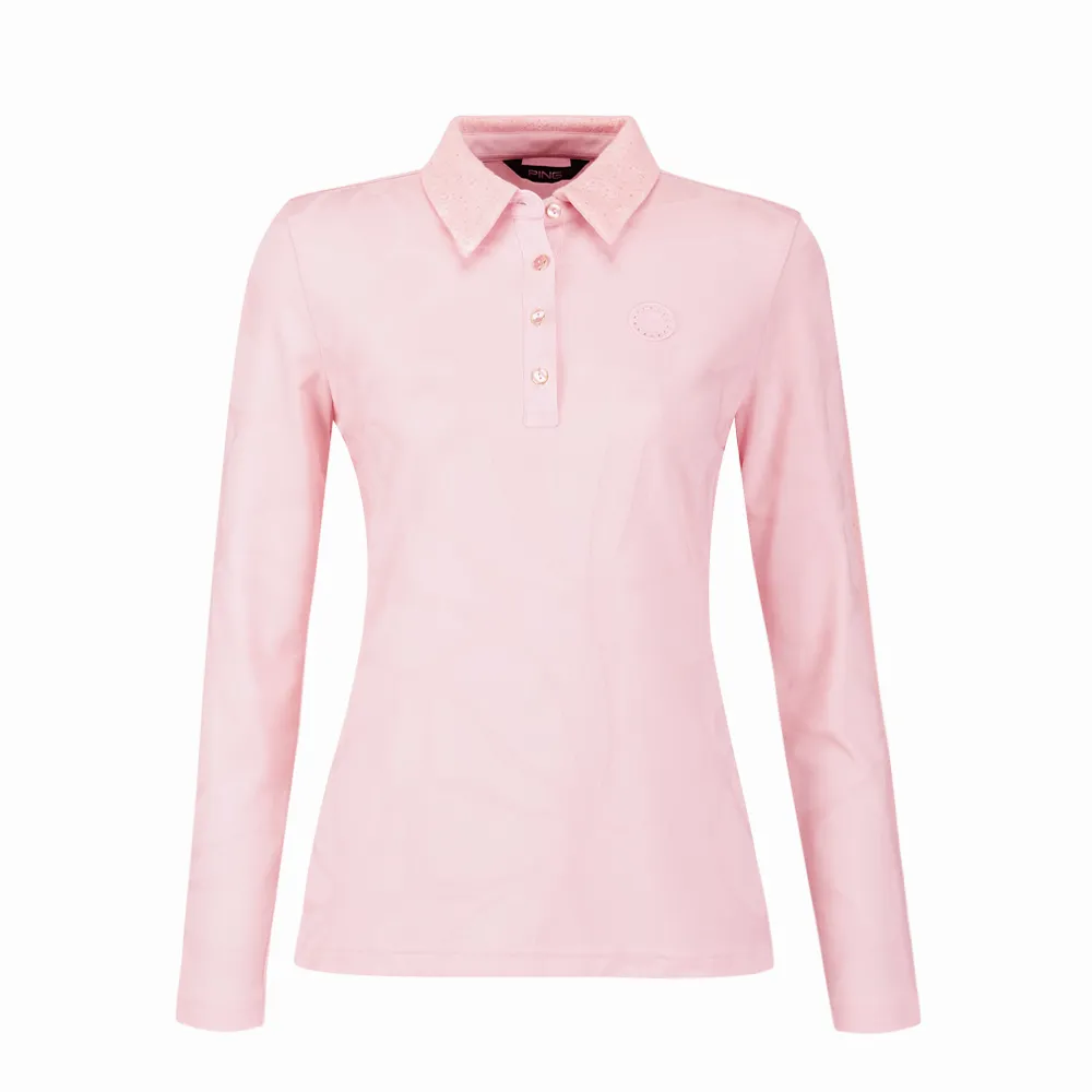 【PING】女款蕾絲剪接緹花薄長袖POLO衫-粉橘(吸濕排汗/抗UV/GOLF/高爾夫球衫/RA24207-23)