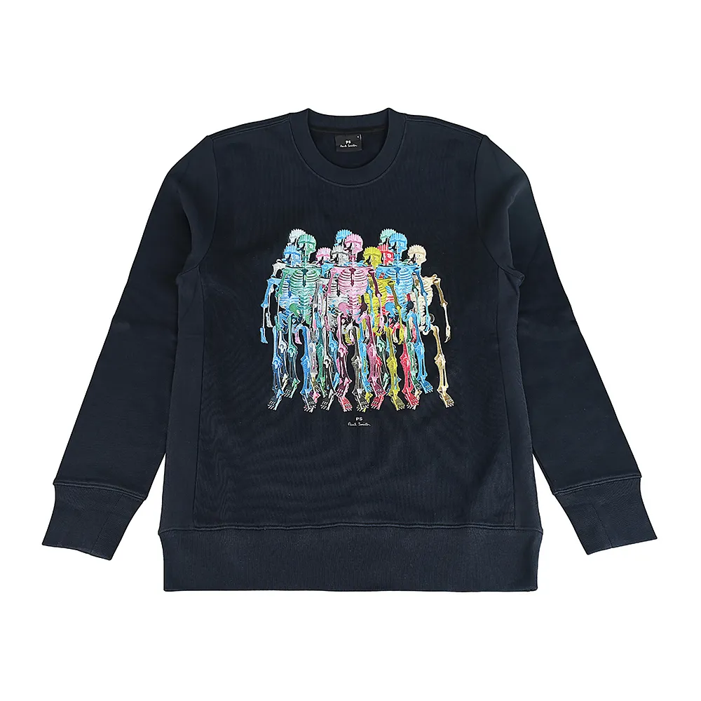 【Paul Smith】PAUL SMITH字母LOGO人體骨架圖案有機純棉圓領長袖T恤(男款/墨藍)