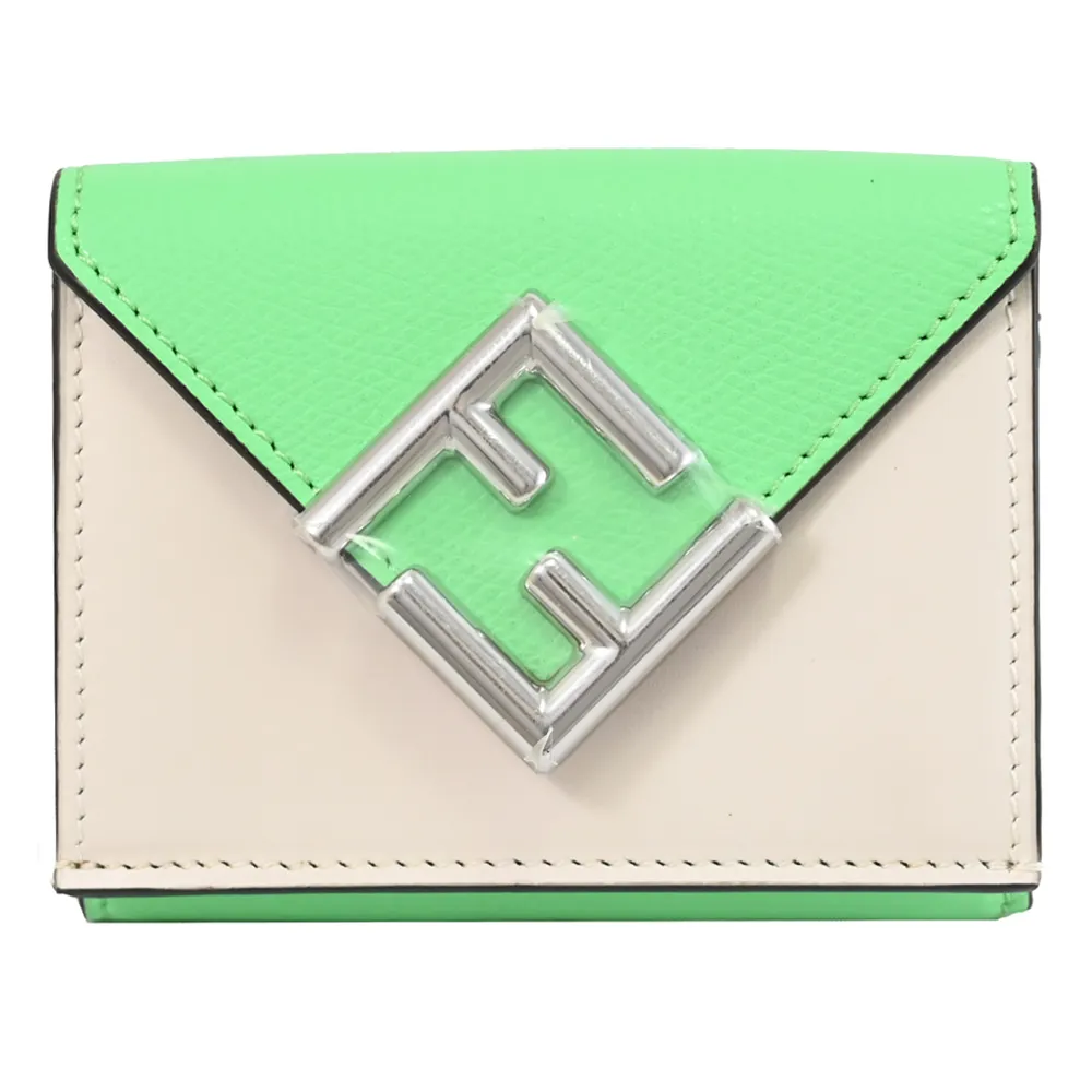 【FENDI 芬迪】經典金屬雙F LOGO撞色皮革三折雙面小零錢短夾(白綠)
