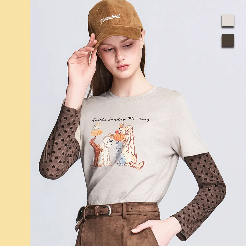 【Just Wear 佳葳】狗狗派對愛心拼接上衣 2色(長袖上衣/圓領/動物印圖/愛心圖案/拼接/休閒上衣/舒適親膚)