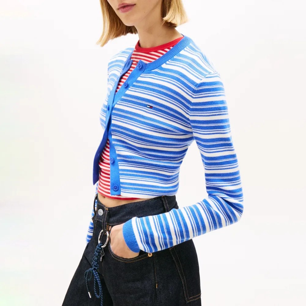 【TOMMY HILFIGER】官方旗艦館條紋修身圓領針織開襟衫_藍色