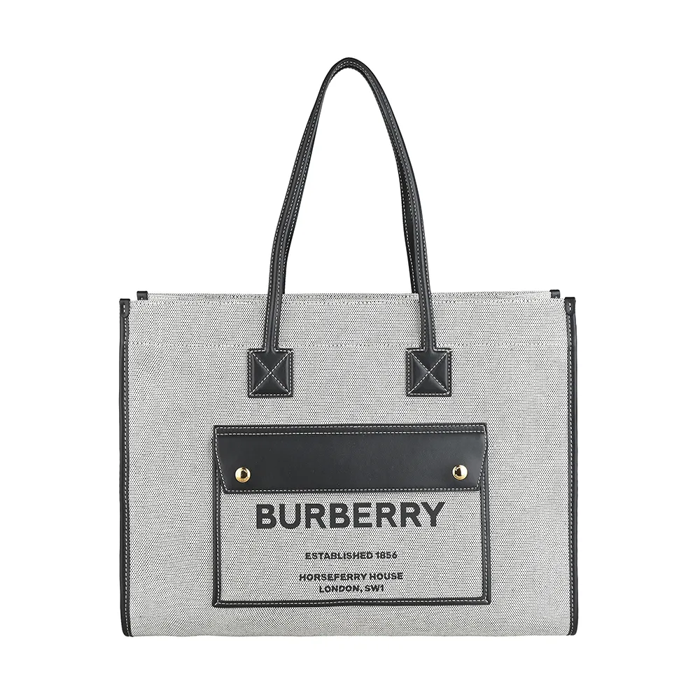 【BURBERRY 巴寶莉】BURBERRY Freya黑字LOGO正面檔案夾設計帆布邊飾小牛皮釦式手提肩背托特包(中/炭灰x黑)