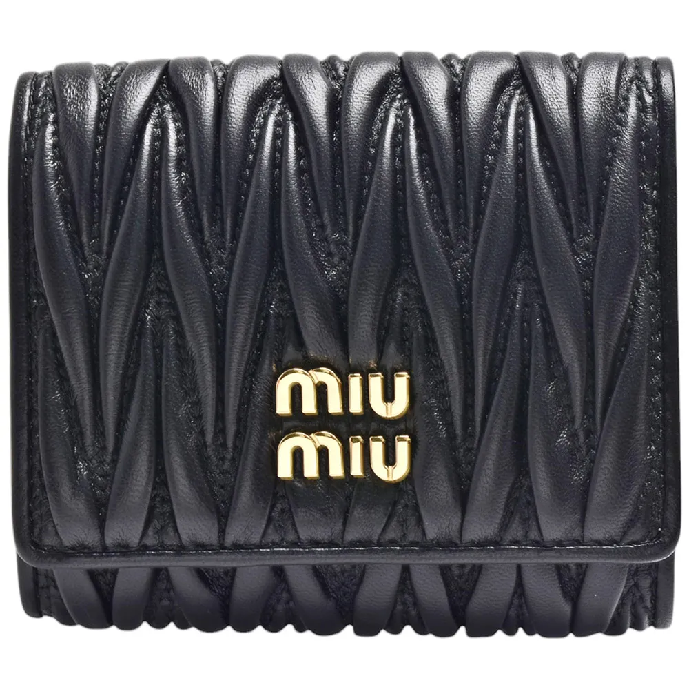 【MIU MIU】經典品牌LOGO皺褶小羊皮短夾(黑色)