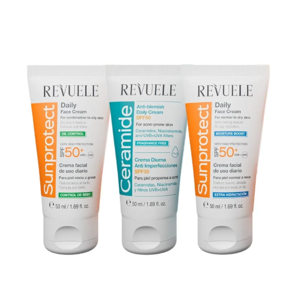【REVUELE 瑞膚露】全日防曬乳SPF50+ 50ml-3款任選(控油清爽/保濕輕透/神經醯胺淨瑕)