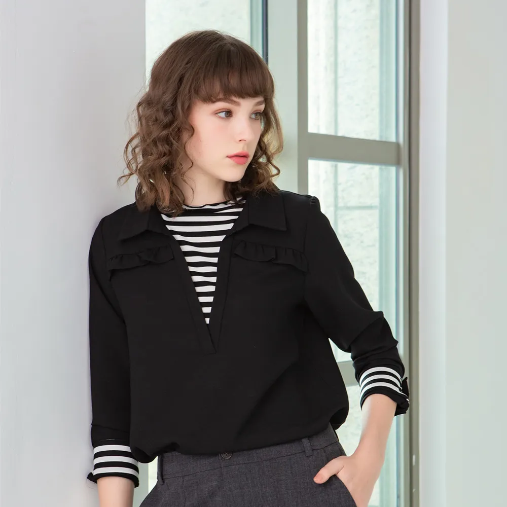 【MAGIQUE WARDROBE】假兩件式荷葉拼接條紋襯衫上衣(2色)