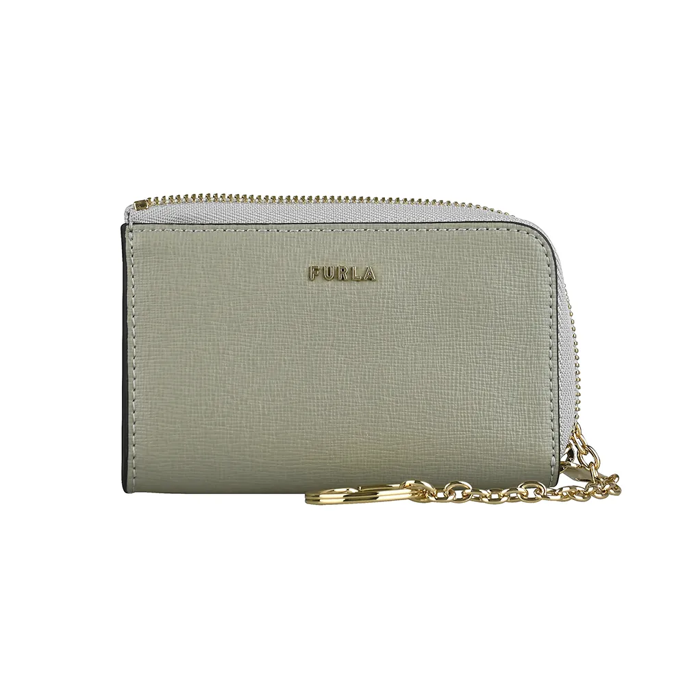 【FURLA 芙拉】FURLA BABYLON金字LOGO防刮牛皮拉鍊零錢包(大理石灰x芭蕾粉)