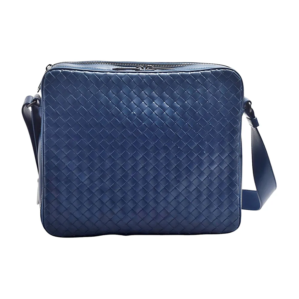 【BOTTEGA VENETA 寶緹嘉】經典編織皮革雙層拉鍊斜背包/相機包(藍色)