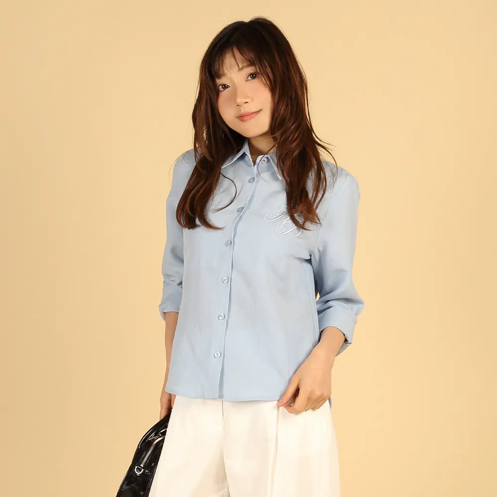 【Hush Puppies】女裝 襯衫 簡約HP棉麻休閒長袖襯衫 (淺藍 / 63212104)