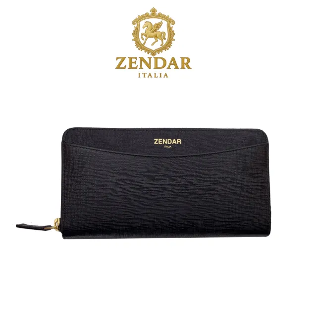 【ZENDAR】台灣總代理 限量1折 頂級小牛皮十字紋拉鍊長夾 馬蒂娜系列 全新專櫃展示品(黑色 送禮盒提袋)