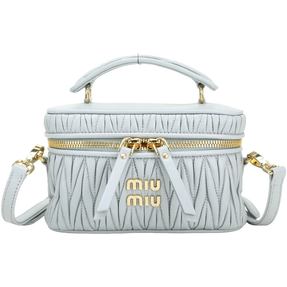 【MIU MIU】Matelasse 皺褶納帕皮革化妝箱 肩背兩用包-灰藍
