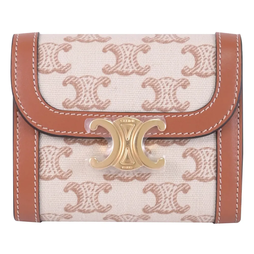 【CELINE】TRIOMPHE 品牌LOGO凱旋門印花釦式零錢短夾(棕)