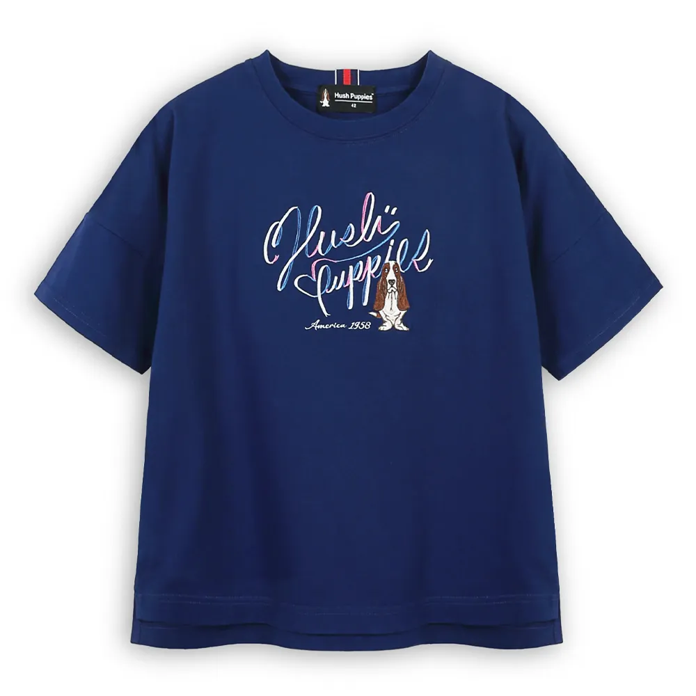 【Hush Puppies】女裝 POLO衫 配色品牌英文刺繡狗落肩上衣 (深藍 / 63210103)