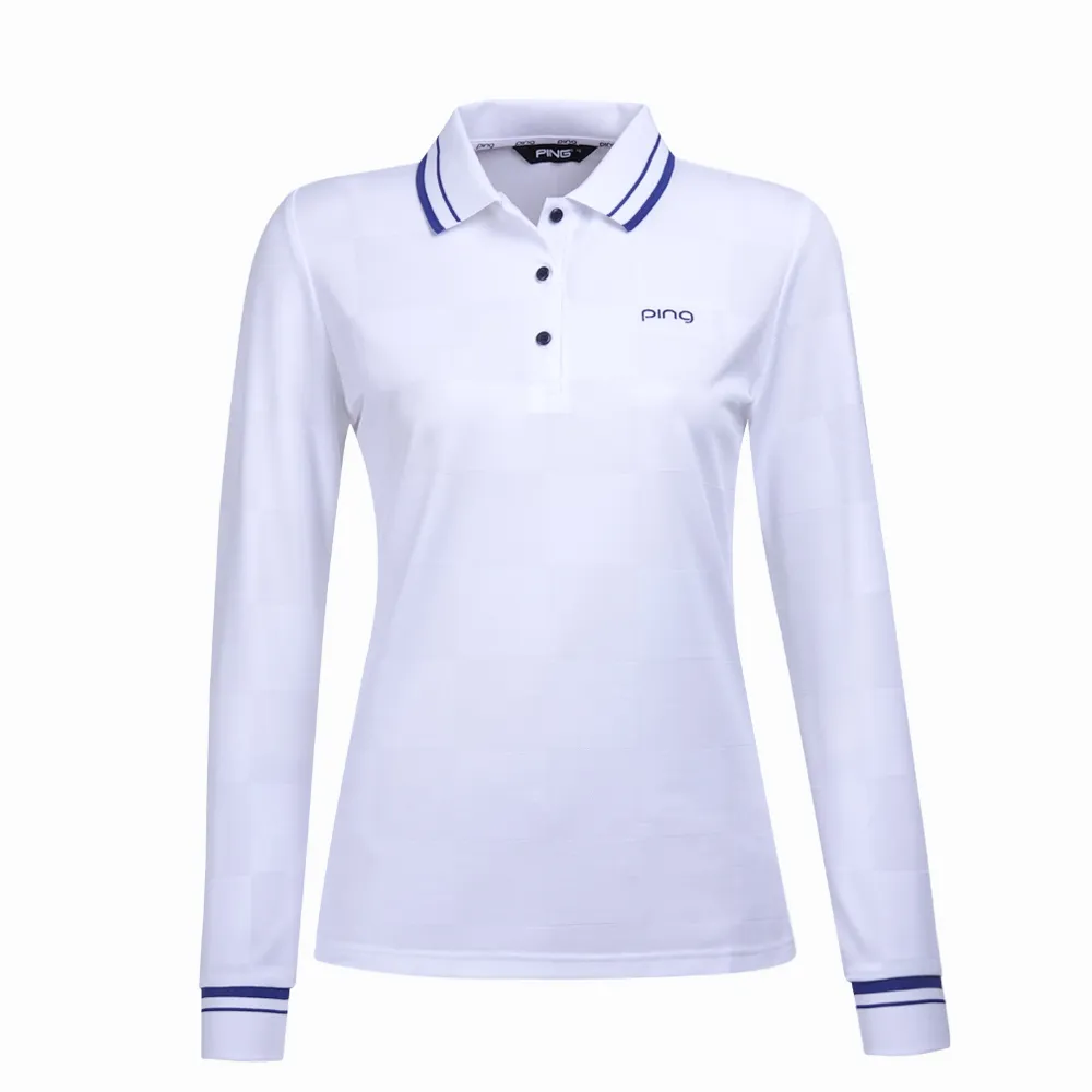 【PING】女款方格緹花吸濕排汗抗UV薄長袖POLO衫-白(GOLF/高爾夫球衫/RA23206-87)