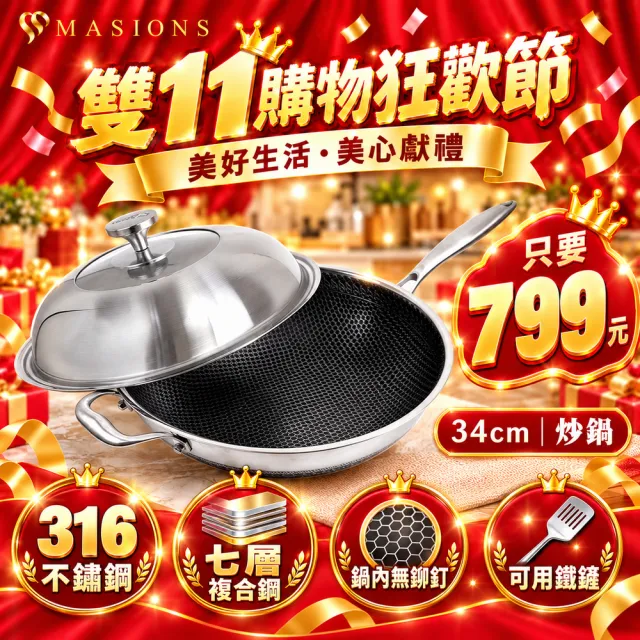 【MASIONS 美心】維多利亞Victoria 皇家316不鏽鋼複合黑晶鍋炒鍋34cm(IH爐 電磁爐適用)