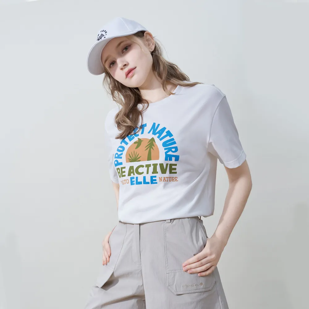 【ELLE ACTIVE】女款 寬鬆版印花圓領短袖T恤-白色(EA25S2F1601-90)
